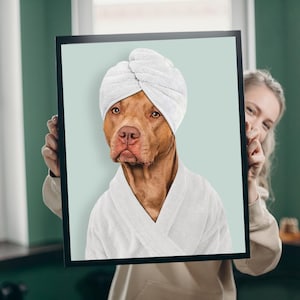 Custom Pet Portrait from photo , Dog in Robe, Pet in Toilet Print, Bathroom Art, Personalized gifts, Pet Gift, Pet Illustration