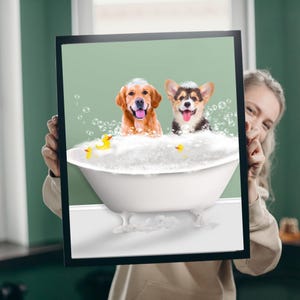 Custom Pet Portraits Set of 2, Funny Dog or Cat Portrait, Pet inrobe, Dog in Toilet, Personalized pet gift, Kids Bathroom Art, Dog Mom