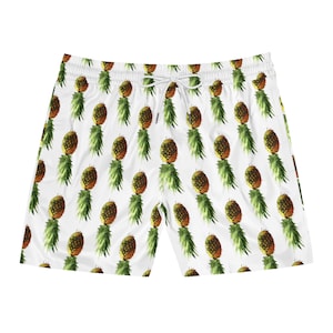 Men&#39;s Upside Down Pineapple All Over Print Mid-Length Swim Shorts In White (AOP)