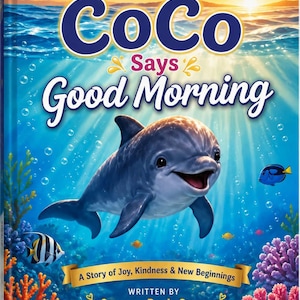 May include: A children's book titled CoCo Says Good Morning, featuring a gray dolphin swimming in a vibrant underwater scene with colorful coral, tropical fish, and a sunrise above the water surface, with the text A Story of Joy, Kindness & New Beginnings.