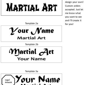Op de afbeelding: Zes verschillende logo-sjablonen voor een martial arts studio. De sjablonen hebben verschillende lettertypen en lay-outs, waaronder opties met ruimte voor een logo of artwork. De tekst in de afbeelding luidt "Your Name" en "Martial Art".