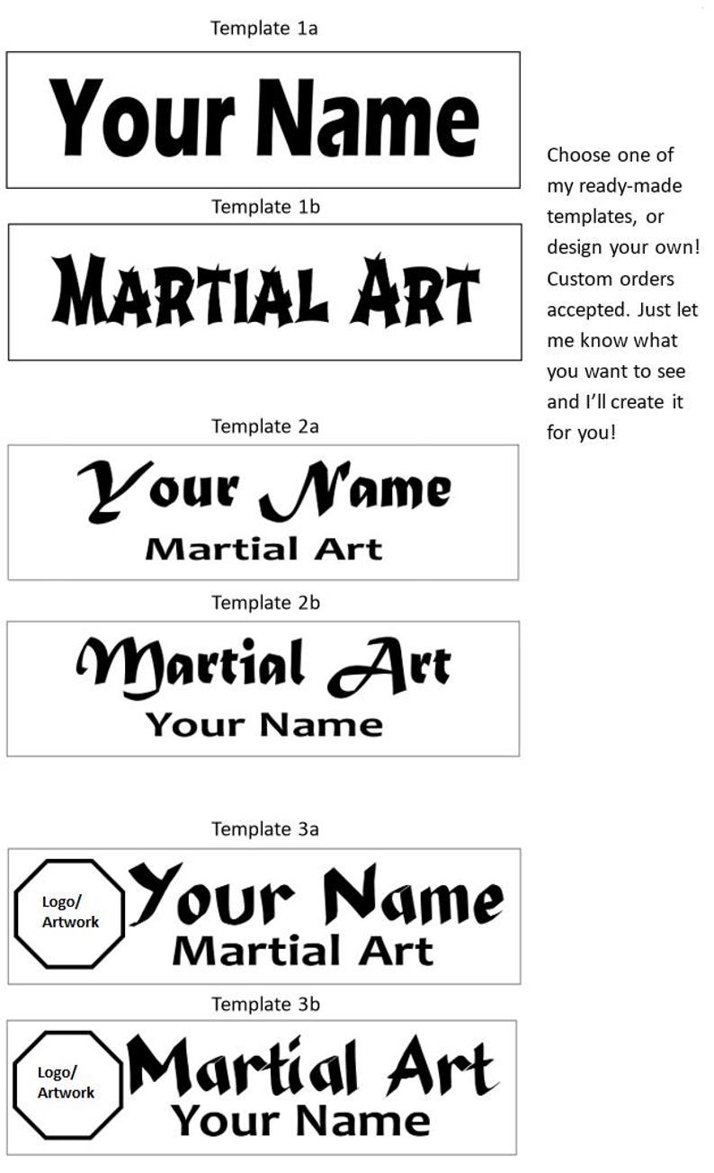Op de afbeelding: Zes verschillende logo-sjablonen voor een martial arts studio. De sjablonen hebben verschillende lettertypen en lay-outs, waaronder opties met ruimte voor een logo of artwork. De tekst in de afbeelding luidt "Your Name" en "Martial Art".