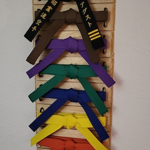 Op de afbeelding: Een houten karategordelrek met de naam "Michael Shito-ryu Karate" gegraveerd op de bovenkant. Het rek bevat een verscheidenheid aan karategordels, waaronder zwarte, bruine, paarse, groene, blauwe, gele, oranje, rode en witte gordels.