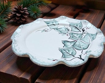 Plato Holly de cerámica vintage de Ellis Pottery, cerámica de gres hecha a mano de Texas, pintada a mano