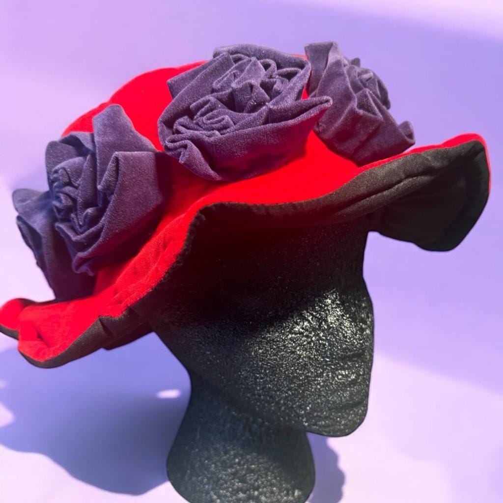 Red hat purple flower on side Vintage Betmar New York Red Fedora Straw Hat. Purple Silk  main image 2