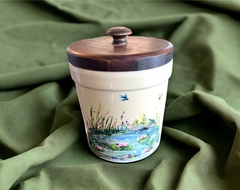 Vintage Stoneware Crock Vintage Farmhouse Storage Idea Gift Rare One of a Kind Artist Painted Crock Hand painted vintage gift idea Rare Gift