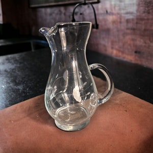 MCM Etched Glass Pitcher Vintage Floral Design Pitcher Gift Idea Vintage Barware Mid-Century Pitcher Etched Design Clear Glass Mancave Gift
