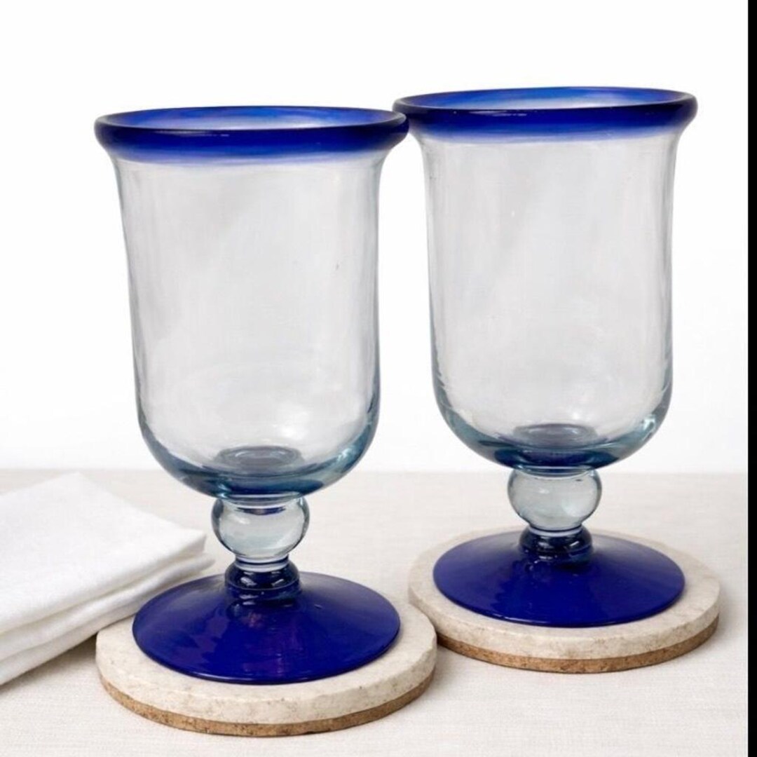 Vintage Cobalt Blue Rim Glass Goblets Set of 2 Hand Blown Glass Elegant ...
