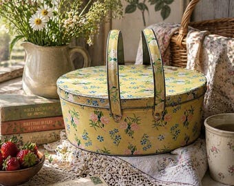 Cesta de picnic ovalada de metal con estampado floral vintage estilo campestre y chintz