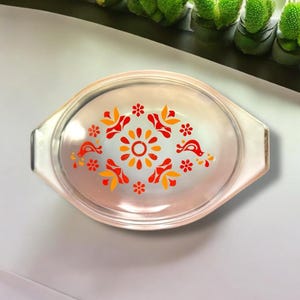 70’s Pyrex White and Orange Oval Dish and Friendship Design on a Clear Glass Lid
