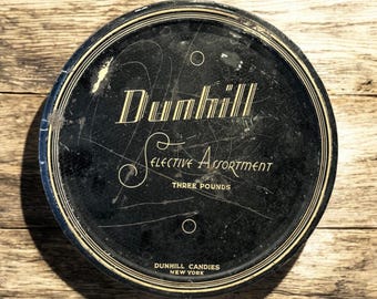 Zeldzaam antiek Dunhill-snoepblik: zwart metalen reclameopberger