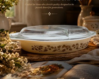 Vintage Pyrex Divided Casserole Dish with Lid | Brown Floral Pyrex Bakeware | Mid Century Kitchen Decor | Farmhouse Serving Dish
