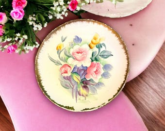 Vintage handbemalter Blumen Teller: Schmuckschale mit Goldrand, 16,5 cm