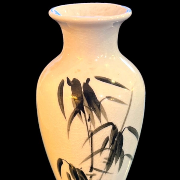 Oriental Asian Artisan Painted Vase Black and White Bamboo Hand Painted Haiku Stoneware Vase Minimalist Home Decor Black and White Vase Nice