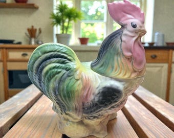 Vintage Rooster Cookie Jar Hand Painted Ceramic Farmhouse Kitchen Decor Japan
