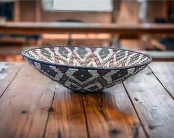 Vintage Handwoven Basket: Round Diamond Pattern BOHO Decor