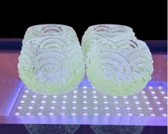 Antique Uranium Glass Salt Cellars EAPG Medallion Pattern Strong UV Glow 1.75”
