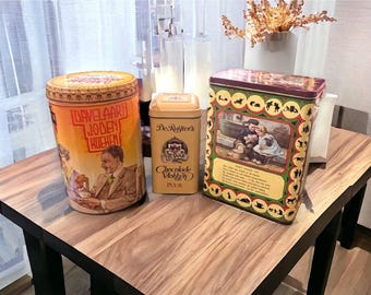 Vintage Nederlandse chocoladeblikken: kleurrijk reclamedecor, set van 3