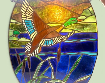 Flying Mallard Duck Stained Glass Panel, Lake Wildlife Art, Copper-Foil Construction (20 3/8" Tall)