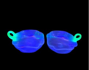 Vintage Iridescent Glass Nappy Bowls – Pair – Depression Era – Applied Handles (UV Reactive) 5.5” Diameter