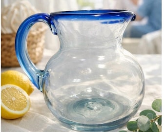 Hand Blown Art Glass Pitcher Cobalt Blue Rim Studio Glass Decor Collectible Vase