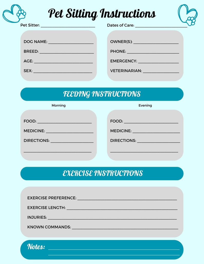 Pet Sitting Instructions Canva Template Dog Sitting Instructions Cat