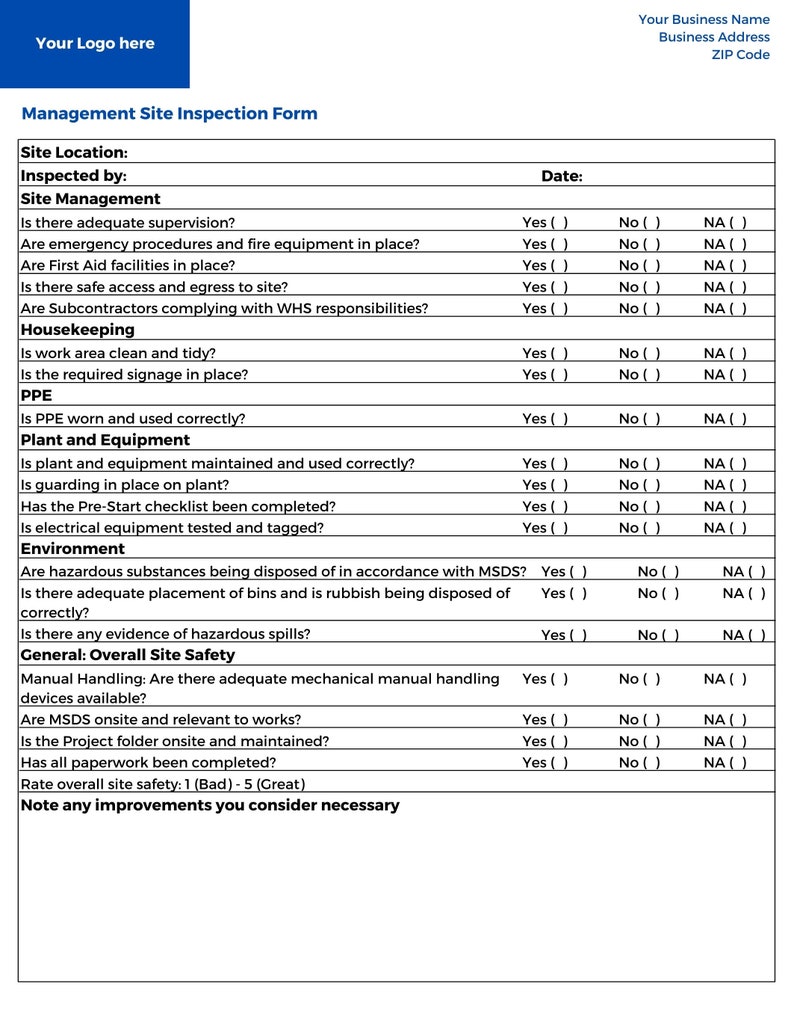 Editable Management Site Inspection Form Template Canva - Etsy