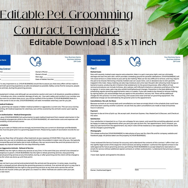 Pet Grooming Contract Template | Dog Cat Salon Contract | Canva Editable Pet Grooming Contract Template | Pet Client Grooming Agreement