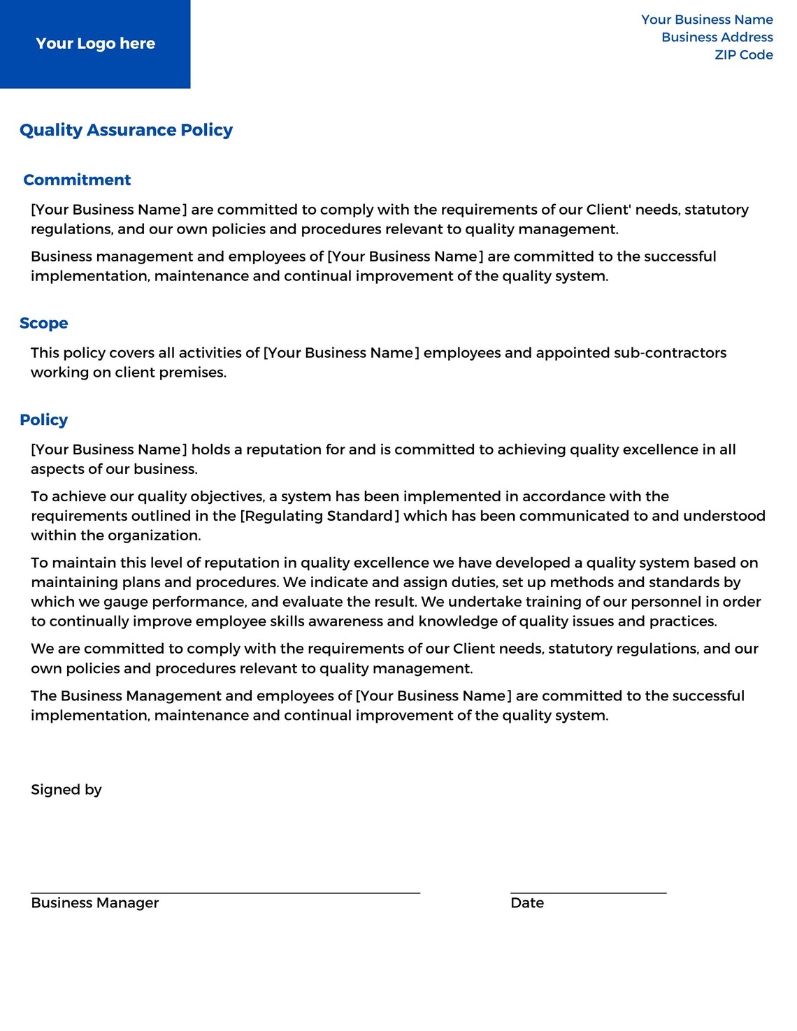 Editable Quality Assurance Policy Template Canva Editable Policy