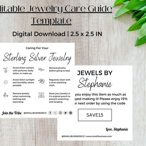 Sterling Silver Care Guide | Silver Jewelry Square Box Care | Jewellery Care | Silver Cleaning Guide | Editable Template | Jewellery Box