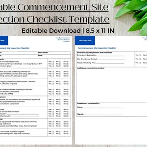 Editable Commencement Site Inspection Checklist Template; Canva editable Template; Site Inspection; Start Up Procedures; Safety Inspection
