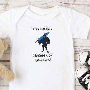 DND baby onesie, dungeons and dragons baby shower gift, roleplaying child, d&d shower present, cute baby paladin, defender of snuggles