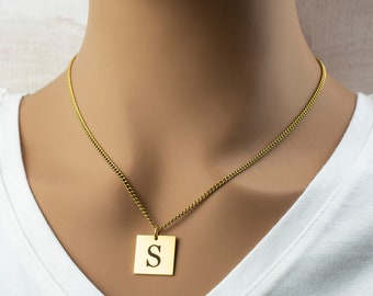 Initial Tag Necklace - Custom Engraved Letter Pendant Necklace Gold Curb Chain - Bridesmaid Gifts