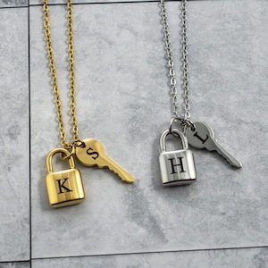 Initial Padlock Key Necklace - Personalized Lock and Key Initial Pendant Necklace - Anniversary Gift For Her Dainty Couple Necklace