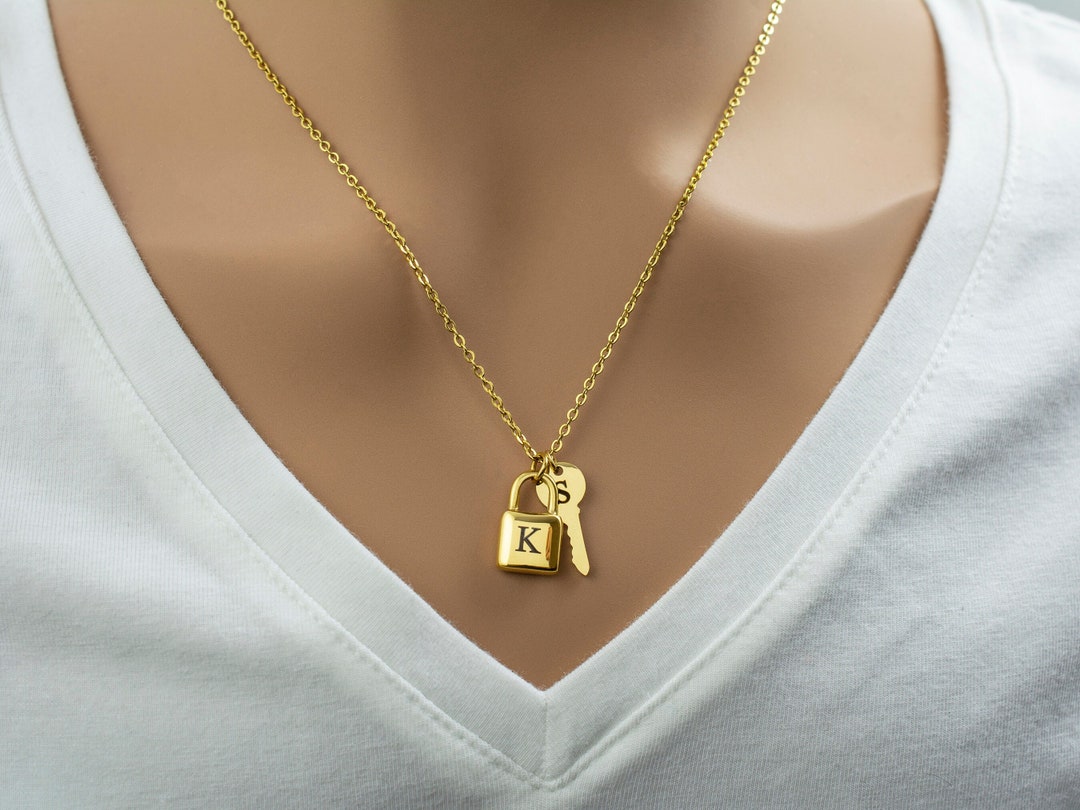 Initial Key Padlock Necklace the Lock and Key Couples Initials Pendant