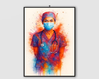 Verpleegkundige aquarel print, arts kunst aan de muur, medisch kantoor decor, kliniek decor, afdrukbare digitale download