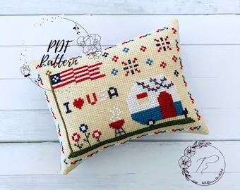 PDF Patriotic cross stitch pattern, 4th of July, cross stitch chart, independence day, red white and blue, camper, USA, American flag