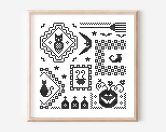 PDF Quaker cross stitch pattern, ornament, fall, autumn, cross stitch chart, pumpkin, bowl filler, decoration, pincushion, sampler Halloween