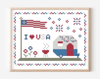 PDF Patriotic cross stitch pattern, 4th of July, cross stitch chart, independence day, red white and blue, camper, USA, American flag