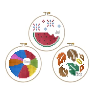 PDF-kruissteekpatroon, ornamenten, maanden, seizoenen, jaar, juli, augustus, september, borduurringen, decoraties
