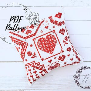 PDF Quaker cross stitch pattern, ornament, love, Valentines, cross stitch chart, hearts, bowl filler, decoration, pincushion, sampler, red