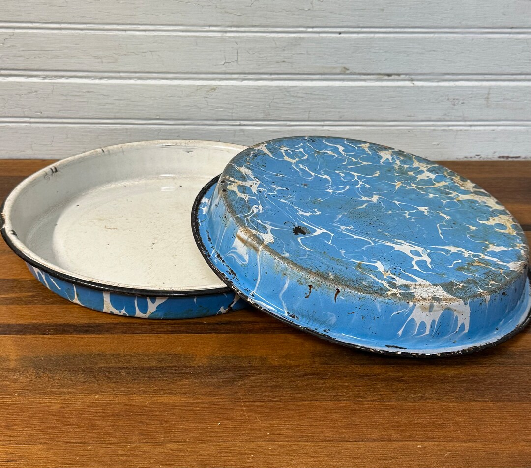 2 Vintage Enamelware Pie Pans Blue and White Marble Etsy