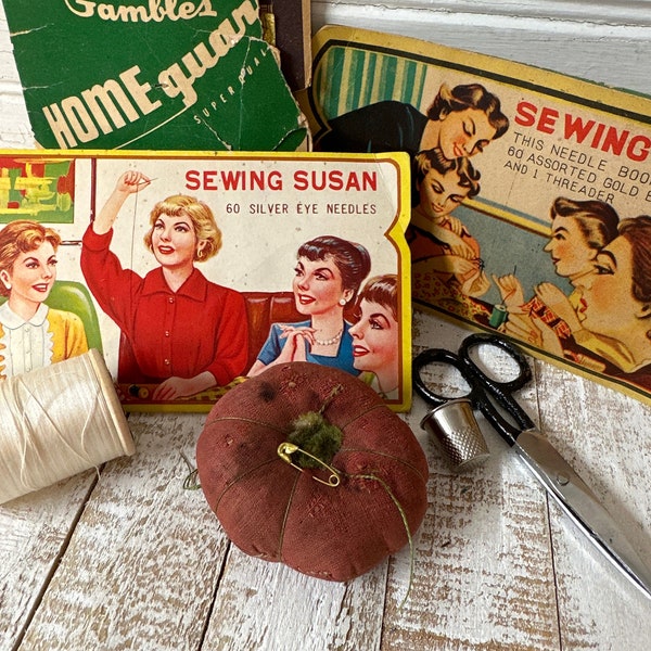 Vintage sewing lot- tomato pin cushion, needle cards, tiny scissors