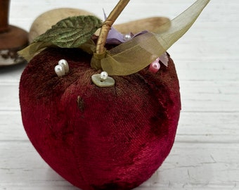 pincushion, vintage red velvet apple