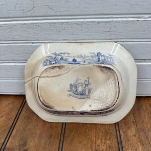 Antique Ironstone blue transferware dish.  Amazing makers stamp.  Stained and crazed