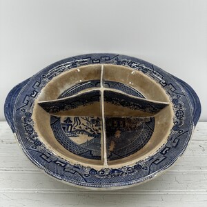 19th century ironstone compote dish. Blue Willow divided, stained and crazed 13” diameter