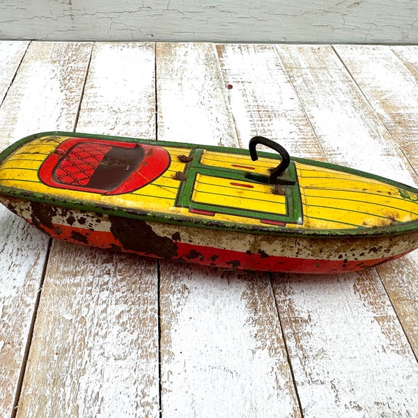 Vintage Tin Litho Speed Boat Wind Up Toy- no key