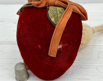 pincushion, vintage red velvet apple