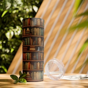 Literary Quench: Bookshelf Design Skinny Tumbler with Straw | Unique Drinkware | Bibliophile&#39;s Delight