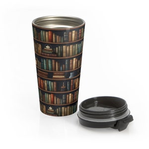Literary Sip: Bookshelf Design Stainless Steel Travel Mug | Unique Drinkware | For Book Lovers